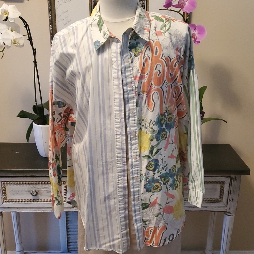 Anthropologie Blue and White Striped Shirt with Floral Accents
